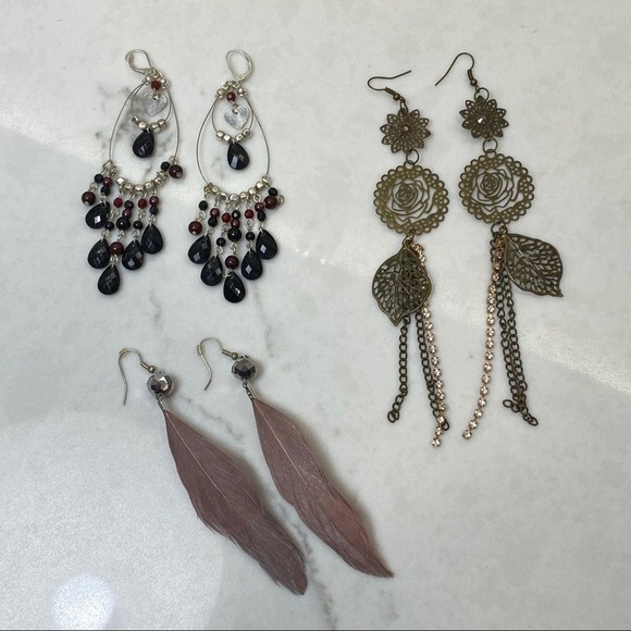 Lot of 3 Long Dangle Boho Gypsy Feather Earrings - Picture 1 of 4